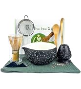 Black Matcha Whisk Set, 8 Pcs Ceramic Matcha Bowl Kit, Traditional Japanese Tea Ceremony Set with...