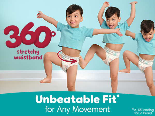 360 degree stretchy waistband. Unbeatable fit* for any movement *Vs. S5 leading value brand.