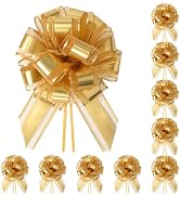 TIMESEEK 10-Pack Metallic Gold Pull Bows for Gift Wrapping - 6 Inch Reusable Ribbon Bows, Large I...