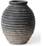 Kokrose Black Distressed Ceramic Vase,10 Inch Rustic Ribbed Pottery Vase for Living Room, Wabi Sa...