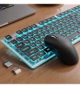 Wireless Keyboard and Mouse Combo, Blue Backlit, Rechargeable - Black | Light-Up Letters, Full Si...
