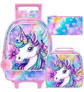 ZLYERT 3Pcs Unicorn Rolling Backpack for Girls, Kids Wheel Backpack with Lunch Box, Lightweight R...