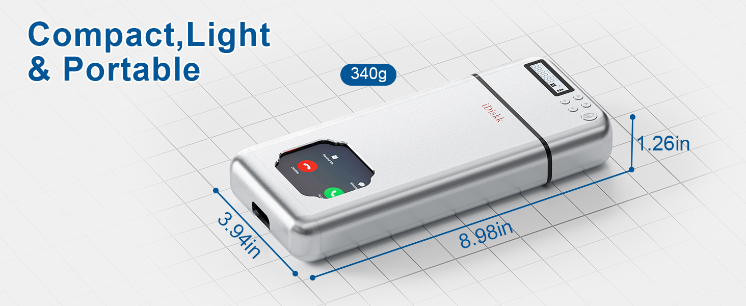 Text reads 'Compact, Light & Portable'. Product dimensions diagram showing a white electronic device with measurements indicating its compact size.