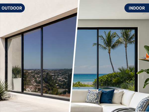 Clear indoor ocean view and reflective mirror window film outdoor view