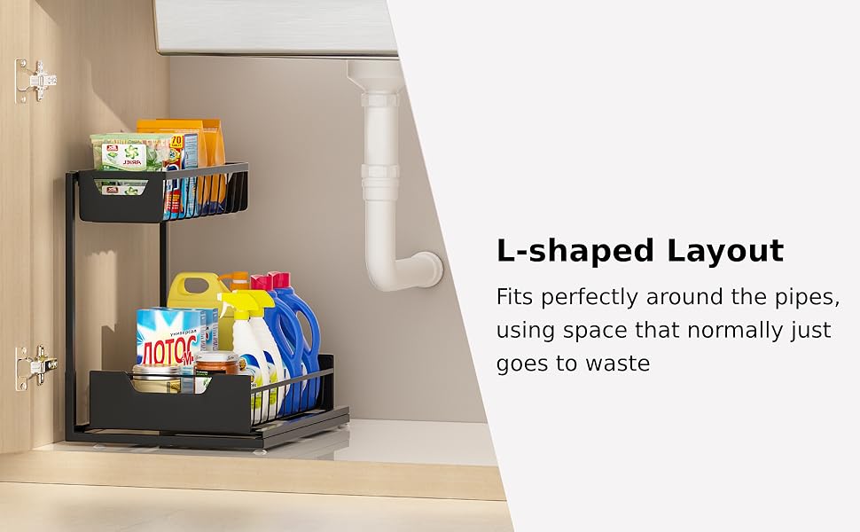 under bathroom sink organizer with L-shape layout