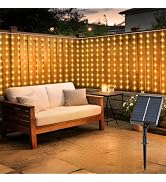 DBFAIRY Solar Curtain Lights Outdoor, 300 LED 19.6 x 3.9ft Curtain String Lights with Remote Time...