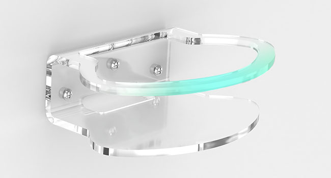 Clear acrylic or plastic mounting bracket with green accent strip, appears to be wall-mountable hardware component.