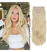 FESHFEN Clip in Hair Extensions for Women - 4 Pcs Thick Double Weft Long Wavy Soft Synthetic Blen...