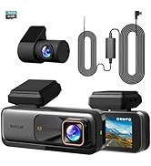 Dual-camera dashcam system with front and rear cameras, mounting hardware, and connection cables. Features LCD display screen and sleek black housing.