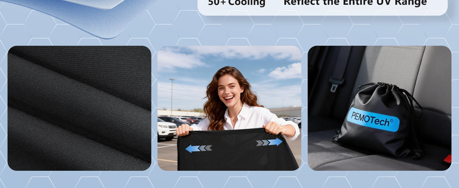 Text reads "50+ Looking" and "Reflect the Entire UV Range". Series of outdoor lifestyle product photography shots arranged in a horizontal strip.