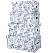 Briful Set of 4 Blue and White Storage Boxes with Lids – Photo Boxes Elegant Floral Nesting Organ...