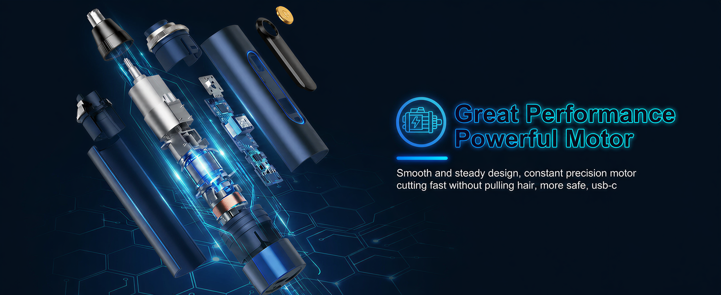 Text reads 'Smart Performance Powerful Motor'. Blue-toned product image showing mechanical motor components on dark background with tech specifications.