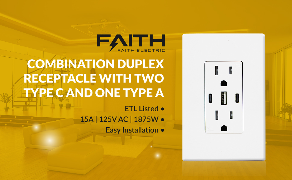Logo of Faith Electric with product title and feature bullets next to an image of the wall outlet.