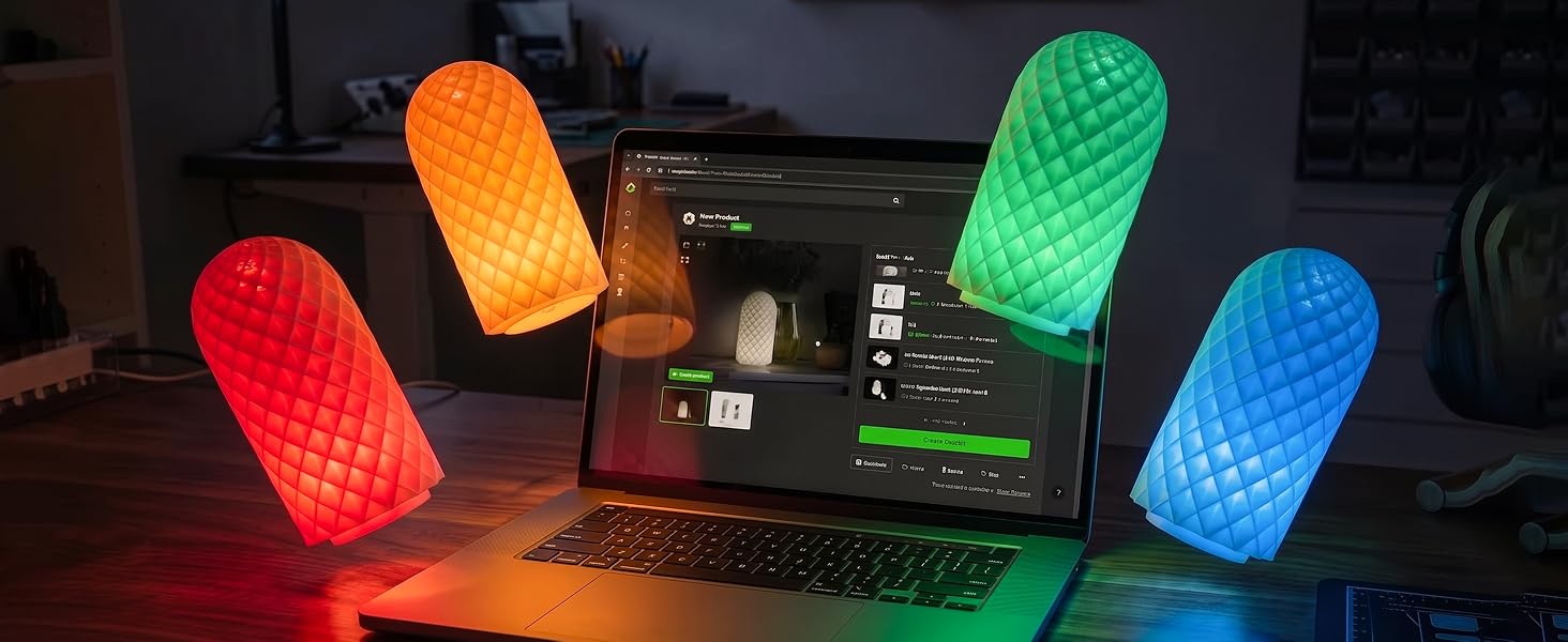 Four illuminated LED speaker lights in red, orange, green, and blue. Hexagonal mesh design glowing from within. Connected to laptop or audio device for music visualization.