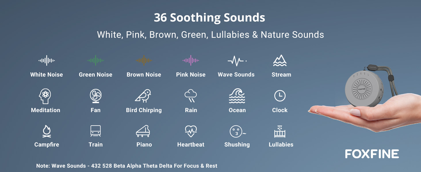 FOXFINE portable sound machine showing 36 sound options like white noise and nature sounds options
