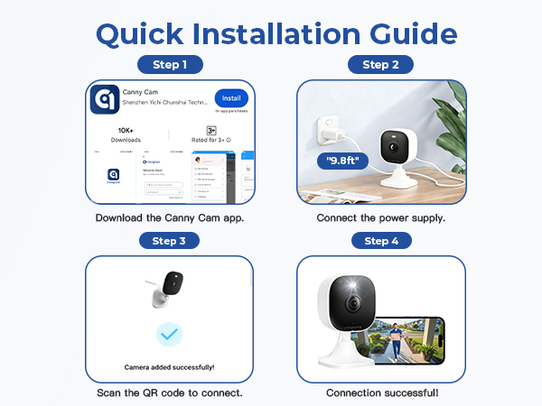 Text reads 'Quick Installation Guide' with 'Step 1' through 'Step 4' labels. Diagram shows installation sequence: 'Download the Galaxy Cam app', 'Connect the power supply', 'Camera cable connection', 'Synchronized installation complete'.