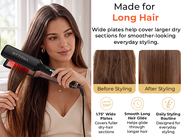 HITTIONA wide infrared hair straightener for long hair showing before and after styling results
