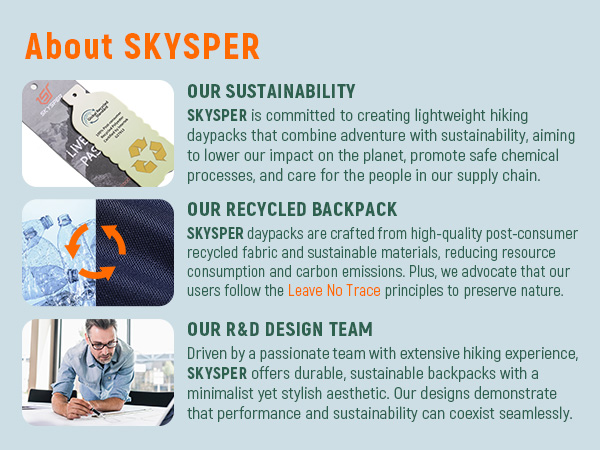 Infographic about SKYSPER's sustainability practices, recycled backpack materials, and R&D design team. Highlights eco-friendly approach and hiking expertise.