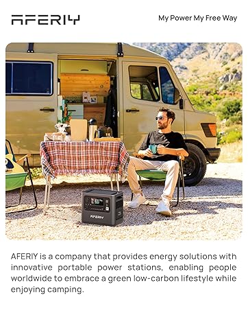 Outdoor camping scene with person sitting at table near camper van. Text describes AFERIY's portable power solutions for eco-friendly camping.