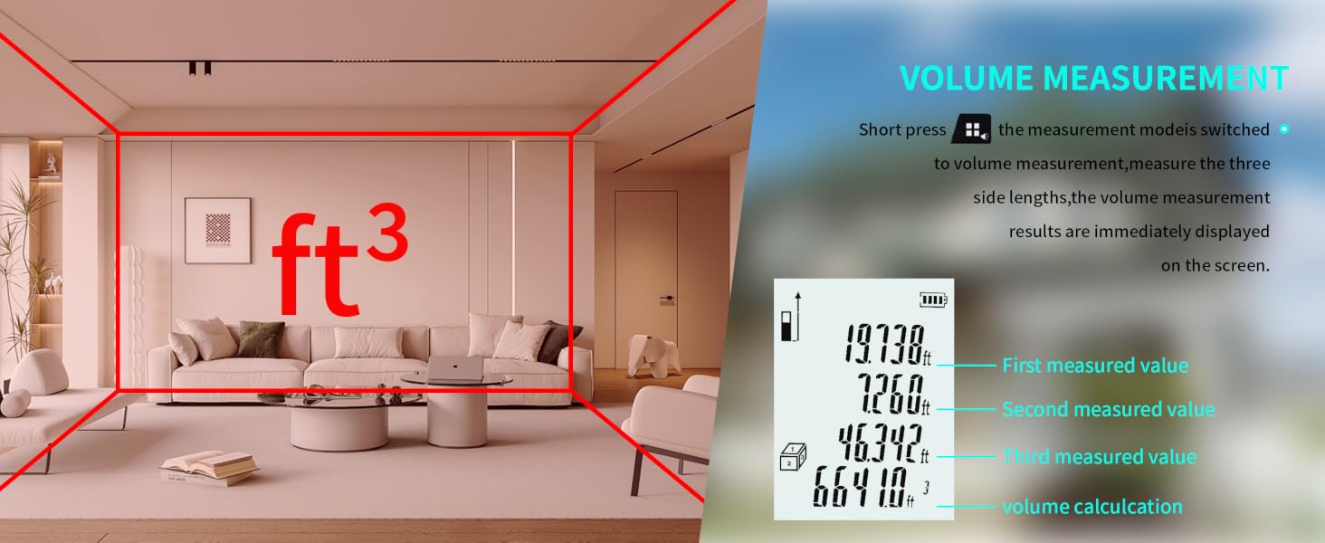 Volume mode. Measure three sides, results displayed on screen, calculate total volume.