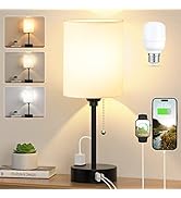 Small Bedside Table lamp for Bedroom - 3 Color Temperatures Bedside Lamps with USB C and A Ports,...