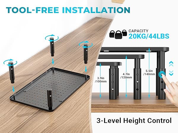 Text reads 'TOOL-FREE INSTALLATION', '3-Level Height Control'. Technical diagram showing installation steps for adjustable desk mount or stand with weight capacity specifications.