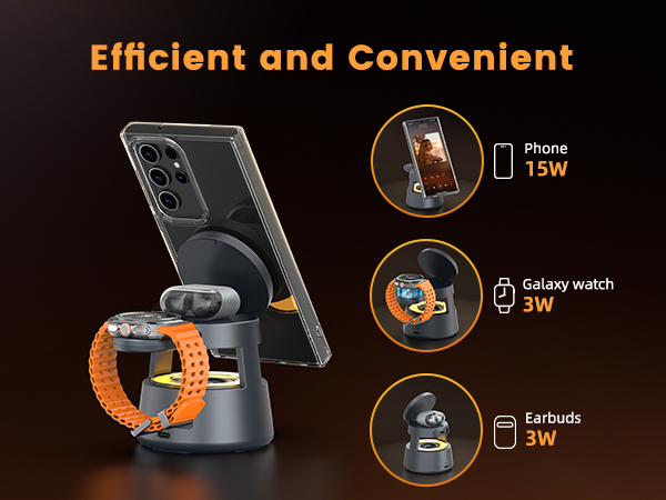Text reads 'Efficient and Convenient'. Product demonstration sequence showing a wall-mounted device being used in different scenarios with icon indicators for settings and functions.