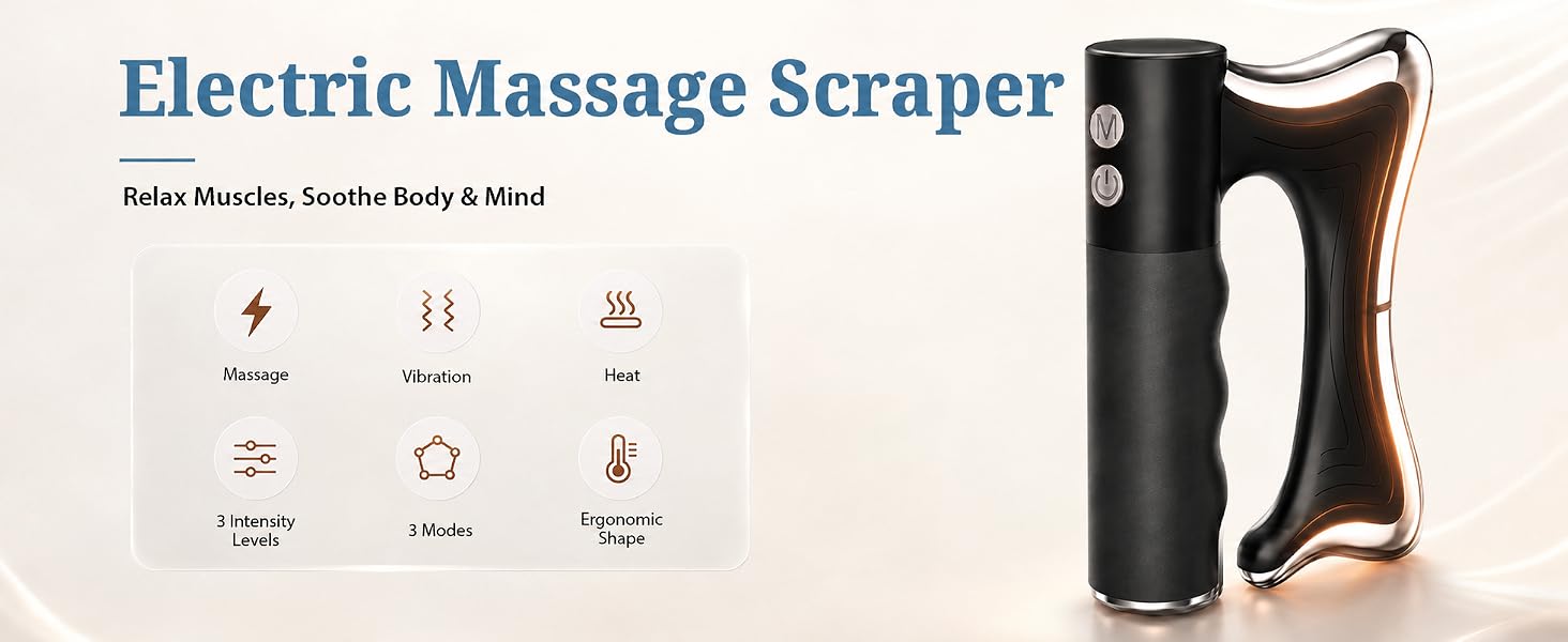Heated gua sha massage tool combines vibration, 3 modes, and ergonomic shape.