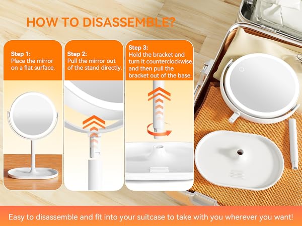 Auxmir makeup mirror disassembly steps, easy to disassemble and fit into suitcase for travel