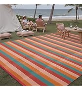 PureCozy Outdoor Waterproof Patio Rug 8x10 Plastic Straw Reversible Outside Orange Red Colorful S...