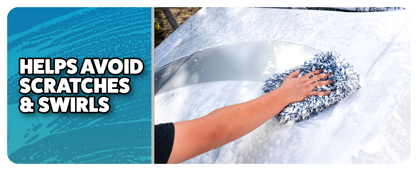 Microfiber car wash mitt holding thick suds while safely washing vehicle exterior paint surface