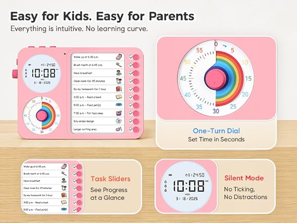 3 in 1 Visual Timer ADHD Tool Kids Adults Task Schedule Chore Planning Board Home White pink blue