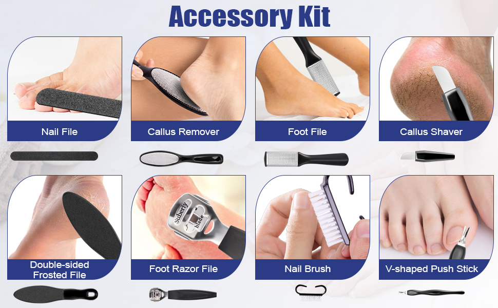Accessory kit for foot care featuring eight tools: nail file, callus remover, foot file, callus shaver, double-sided frosted file, foot razor file, nail brush, and V-shaped push stick.
