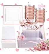 Festiva 350Pcs Rose Gold Plastic Plates - Clear Rose Gold Disposable Dinnerware Sets for 50Guests...