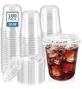LIKAJON 100 Clear Plastic Cups with Strawless Sip Lids, 12 oz Disposable Iced Coffee Cups with Li...