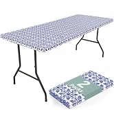 misaya 2 Pack 6 Foot Rectangle Picnic Tablecloth, Elastic Fitted Waterproof Table Cover, Windproo...