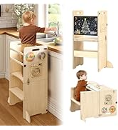 4-in-1 Kids Kitchen Step Stool, Foldable Toddler Tower with Blackboard and Toys, Toddler Kitchen ...