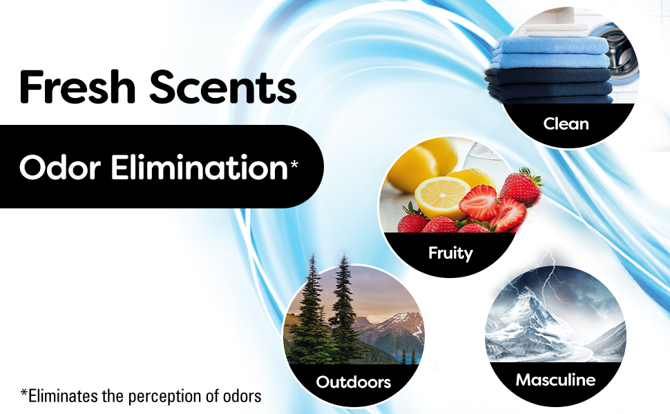 Fresh scents and odor elimination. Offered in clean, fruity, outdoors, masculine