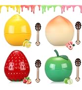 4 PCS Bee Lip Balm Lip Mask Furit Pot, Strawberry & Apple & Lemon & Peach Moisturizing Honey Balm...