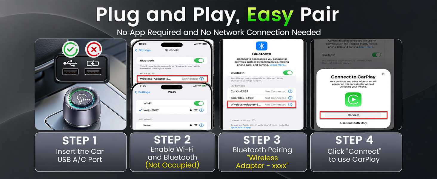 Wireless CarPlay dongle helps drivers set up phone connection without complicated tools.