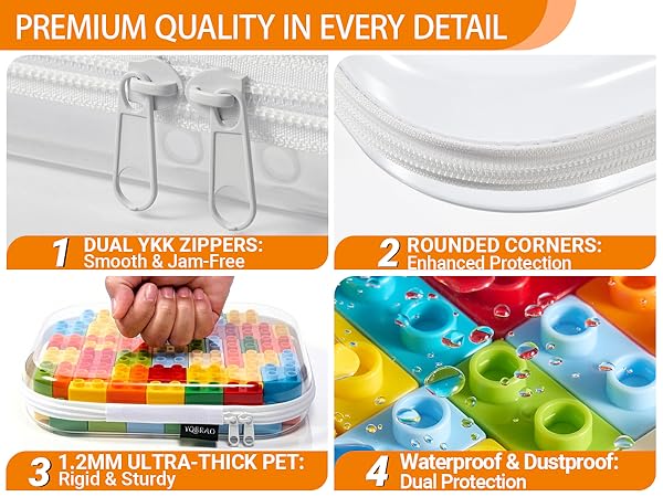 Durable 1.2mm thick PET clear case with smooth YKK zippers, waterproof and dustproof design.
