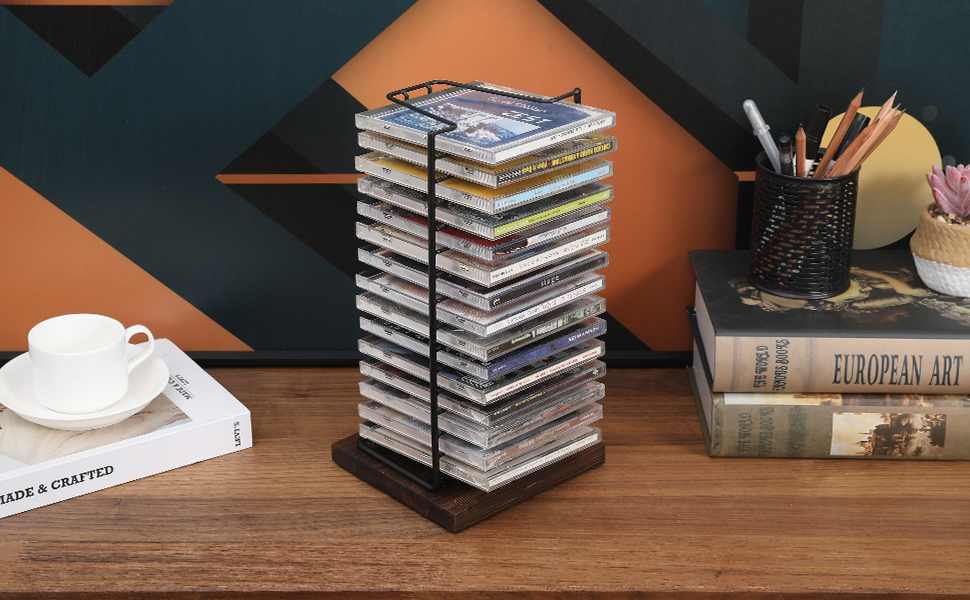 Matte Black Metal Wire Vertical Compact Disc Holder with and Burnt Wood Base