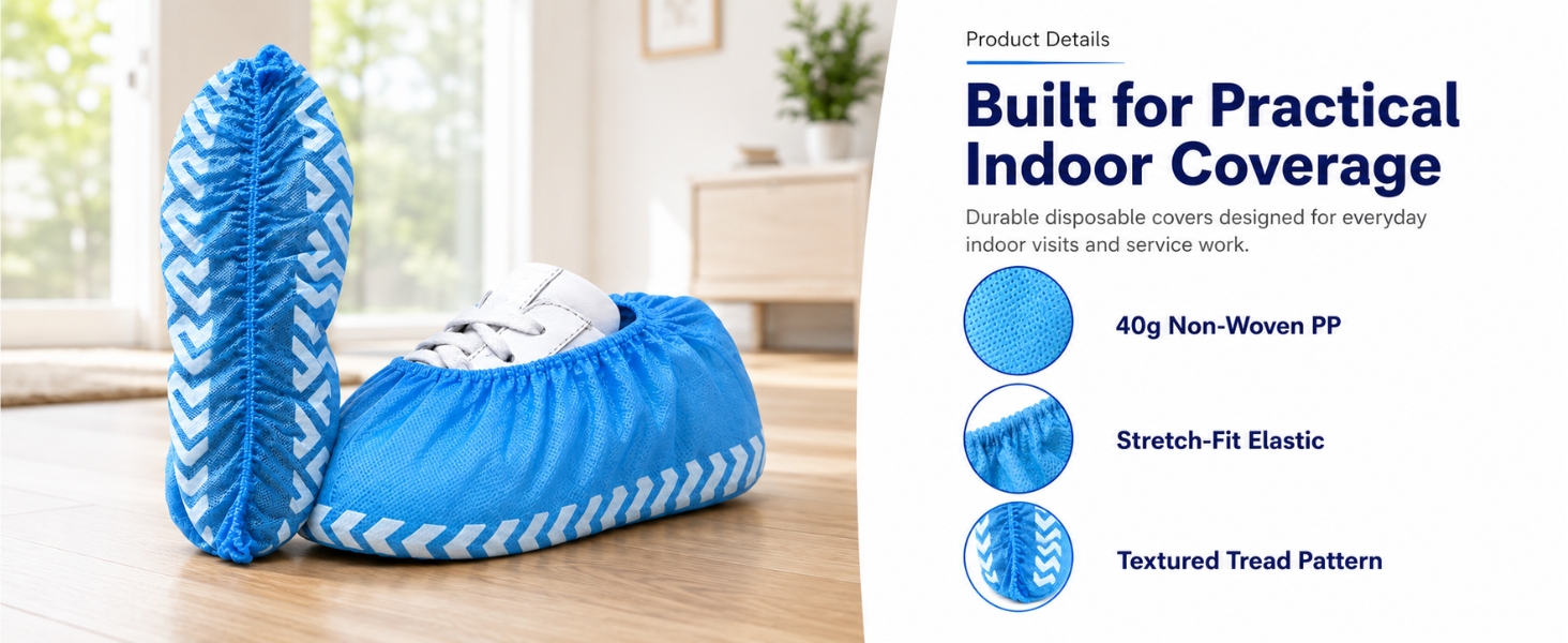 Blue disposable shoe covers showing elastic fit and textured tread pattern