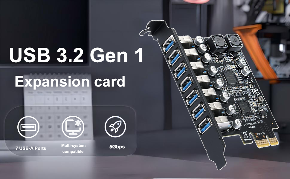 Text reads 'USB 3.2 Gen 1' and 'Expansion card'. Technical circuit board components and interface ports shown in close-up detail.