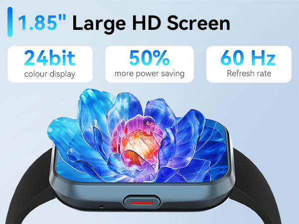 Text shows '1.85" Large HD Screen', '24bit', '50%', '60 Hz'. Smart device interface showing blue crystalline graphics with specifications for display features.