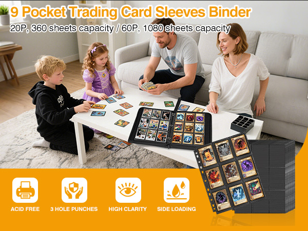 Black Trading Card Sleeves Binder Sheets, Double Sided Thicken Game Card Sleeves for 3 Ring Binder