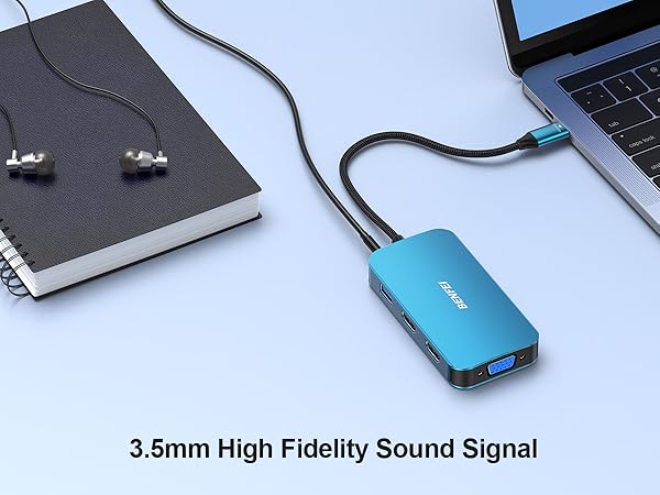 Text reads: '3.5mm High Fidelity Sound Signal'. Image shows a blue electronic device on a desk surface alongside notebooks and other electronics.