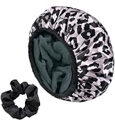 Yonchic Pink Leopard Print Satin Shower Cap, Three-Layer Terry Cloth Lined, with Silk Hair Ties, ...