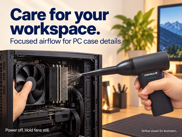 Cordless electric air duster blowing dust from a PC heatsink while the fan is held still
