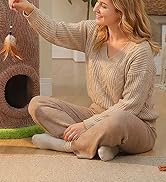 MUTTROS Wood Cat Tree with Flower Perch, 53.5" Modern Cat Tower w/Natural Solid Wood Scratching P...
